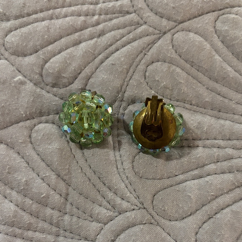 Vintage Green Beaded Clip-On Earrings